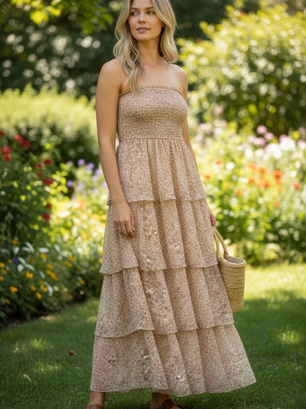 Smocked Strapless Tiered Maxi Dress in Light Beige Floral